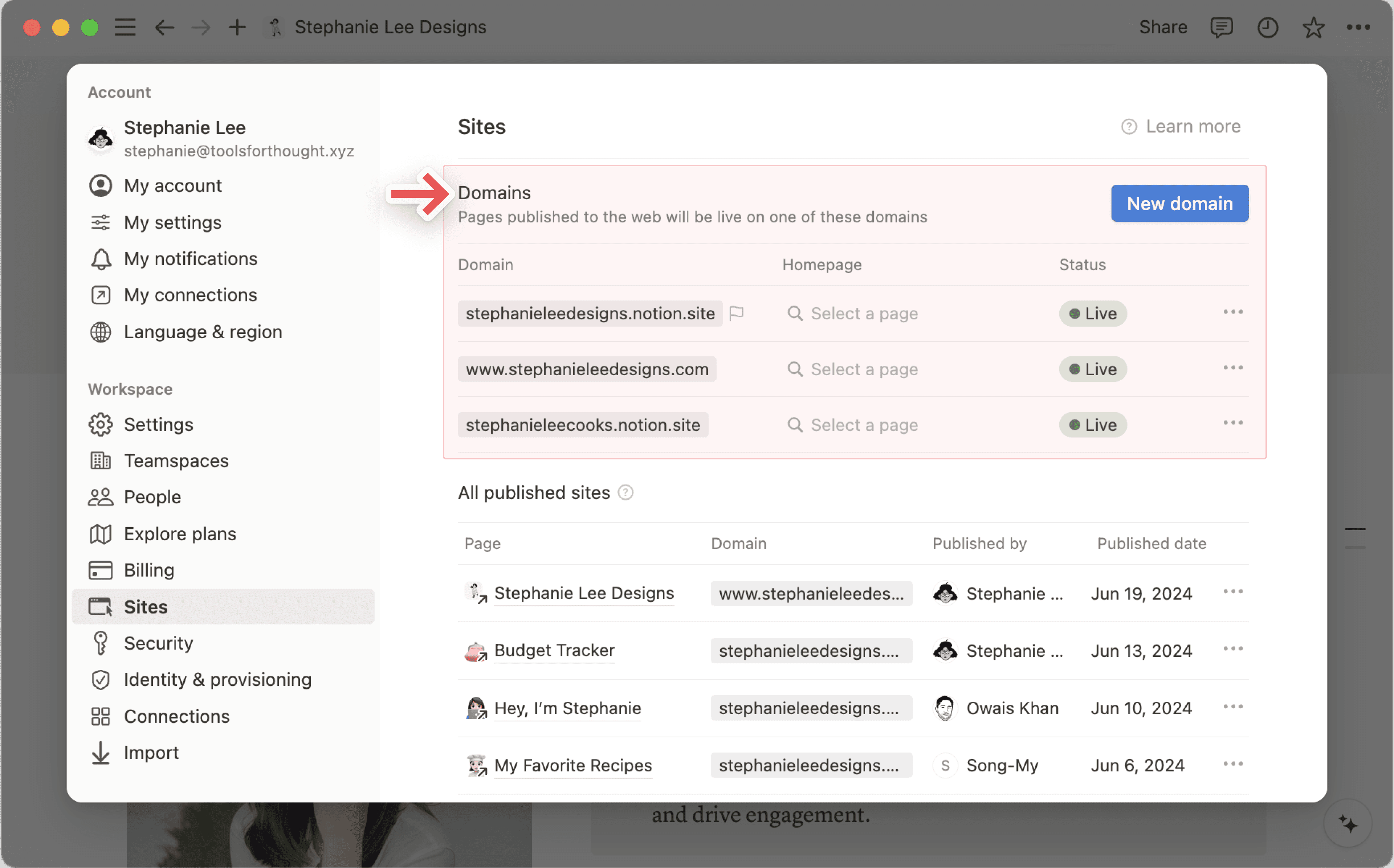 Aide : gérer vos domaines de site Notion