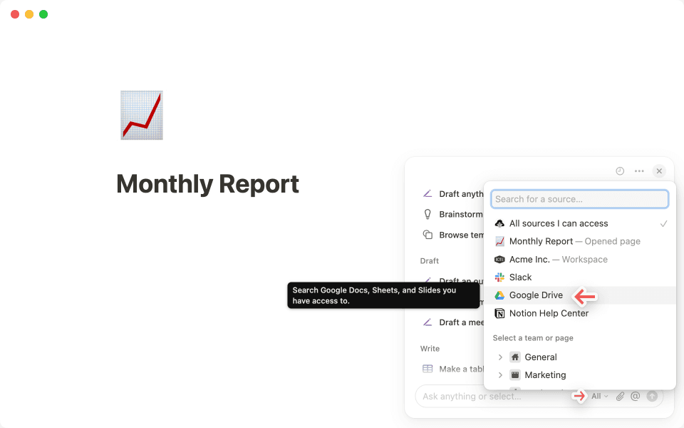 Chọn Google Drive từ bộ chọn nguồn của Notion AI để thu hẹp phạm vi tìm kiếm.