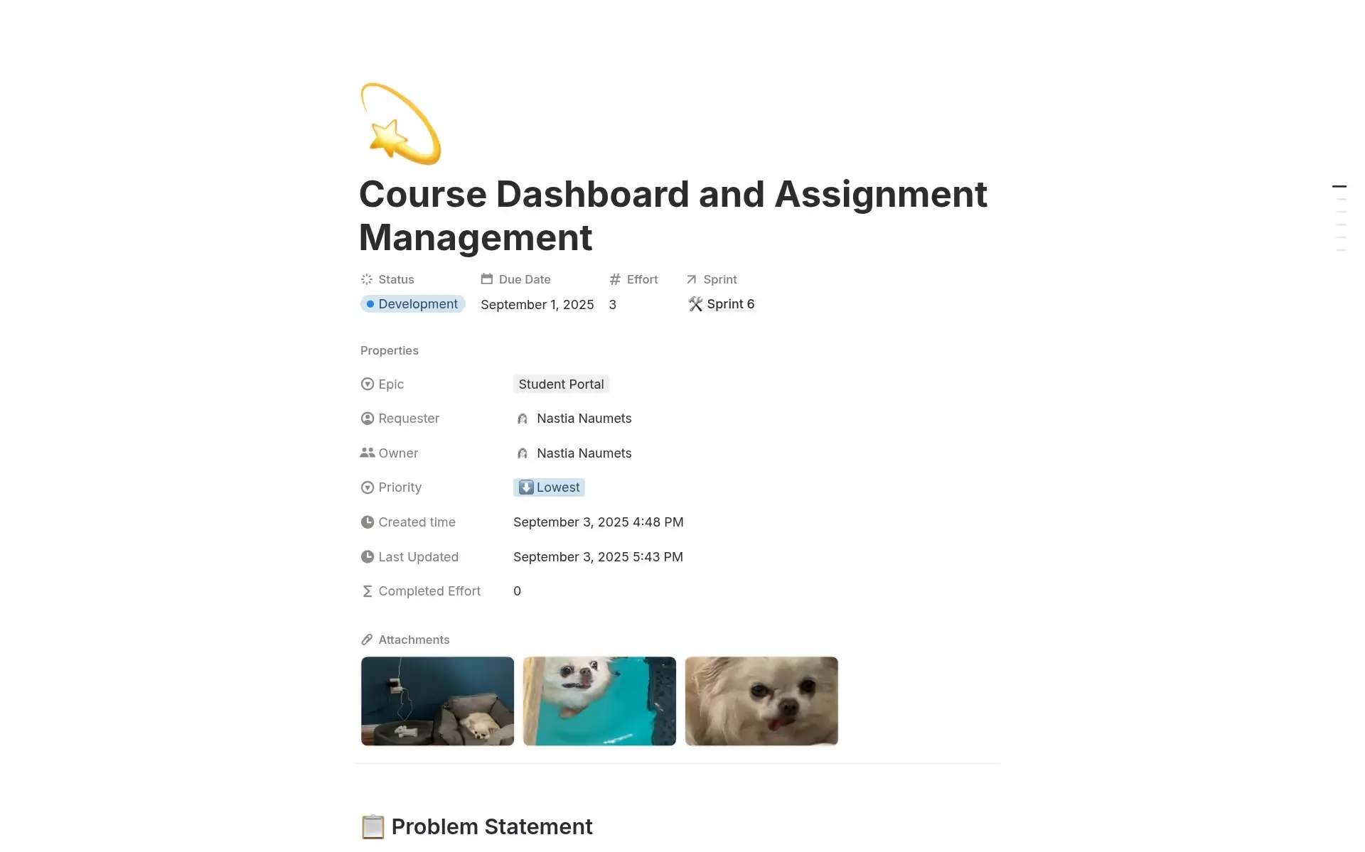 Notion’s dev sprint template, showing inside a task with connected information and assets