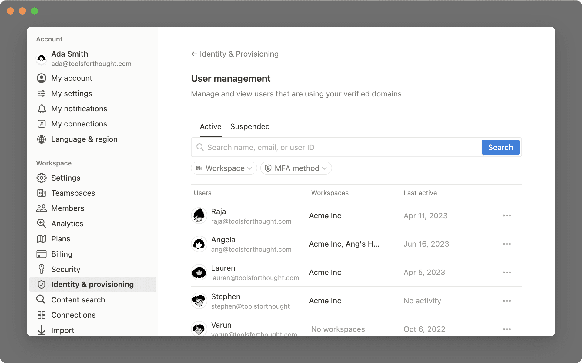 Aide : tableau de bord des utilisateurs gérés