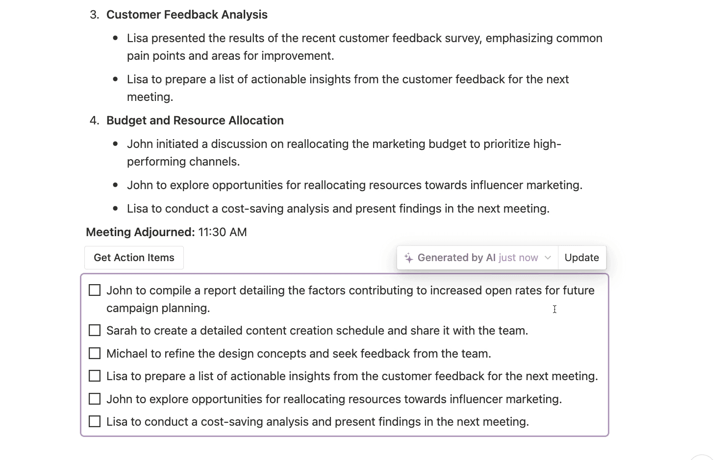 A Notion action item generator shows how AI pulls action items from notes and turns them into clear tasks.