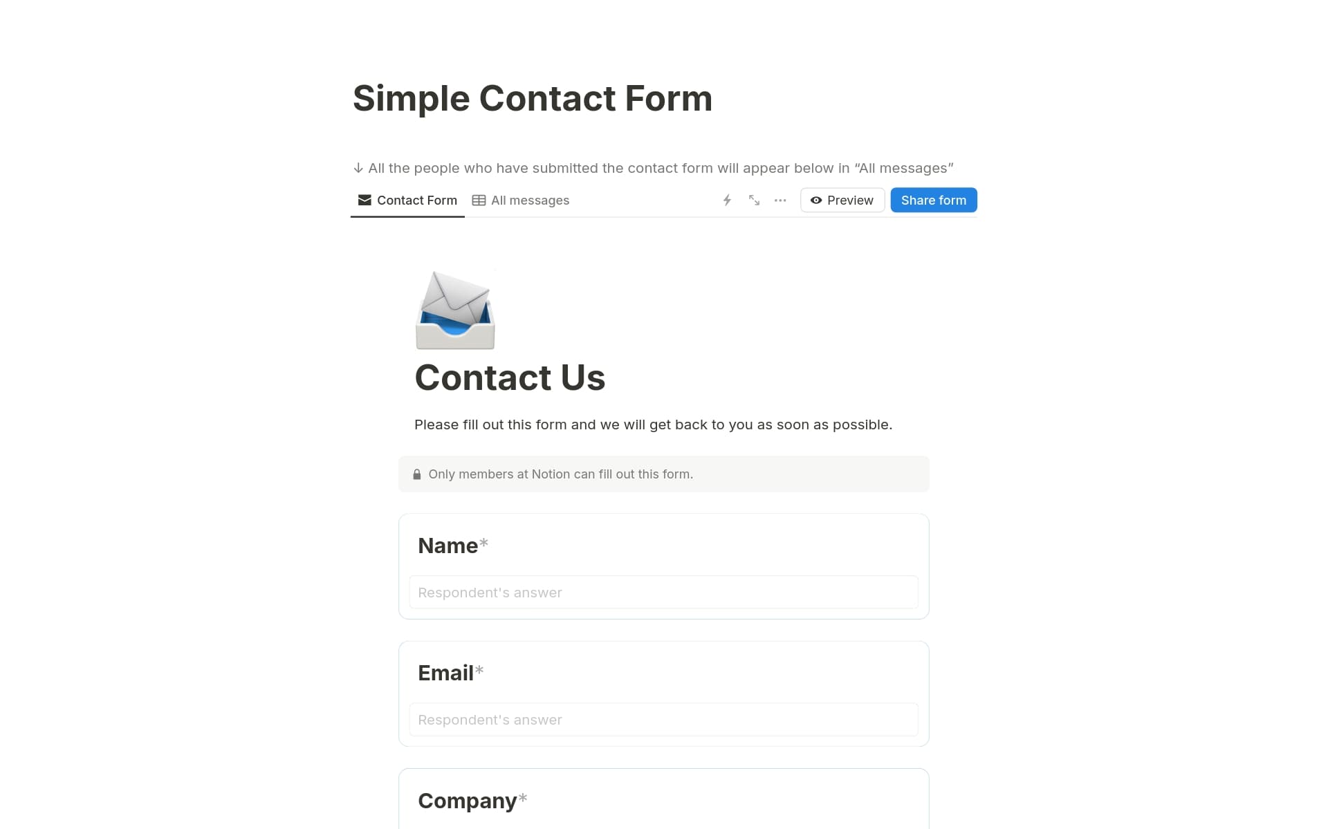 Xem trước mẫu cho Simple contact form