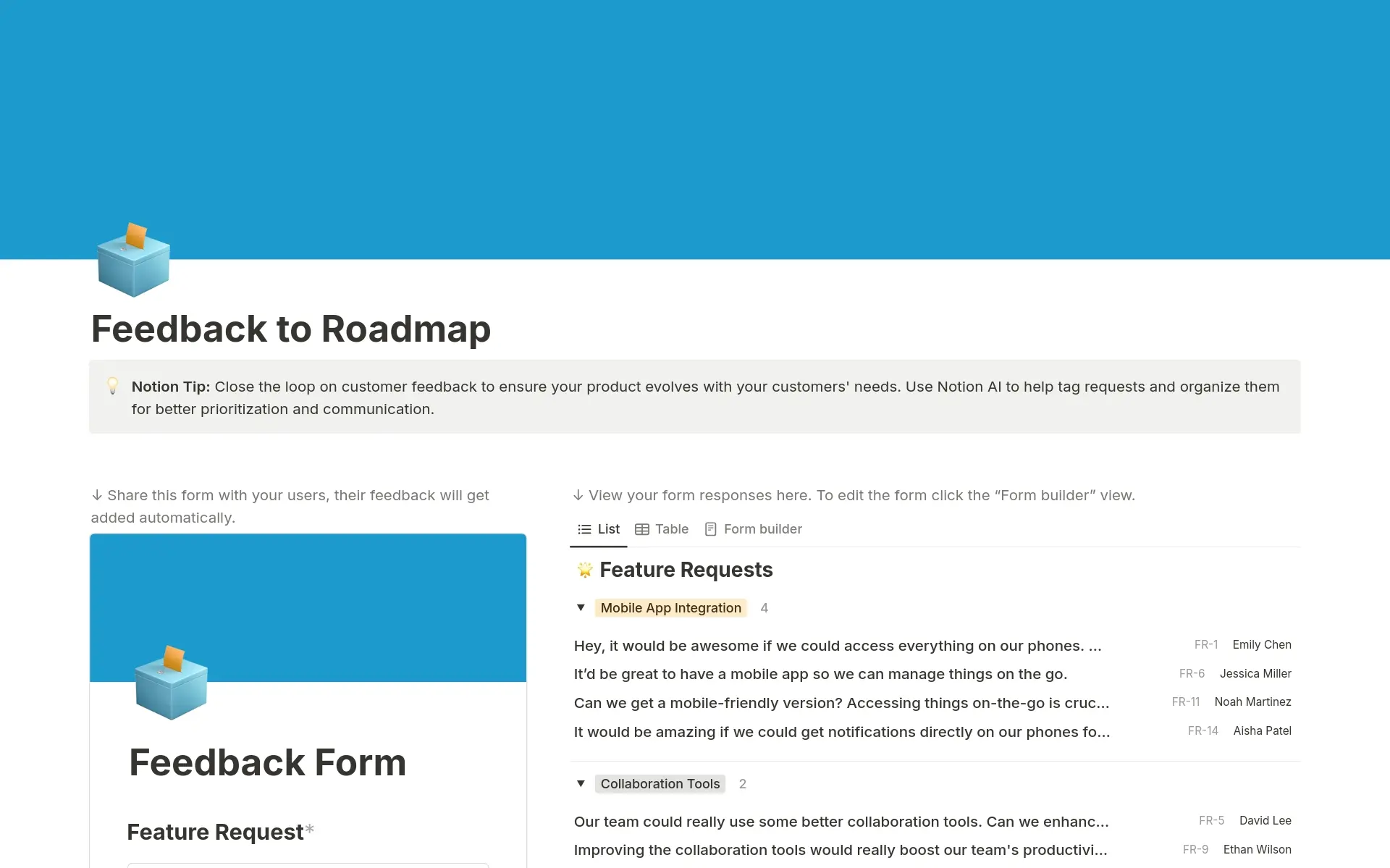 Xem trước mẫu cho Feedback to Roadmap